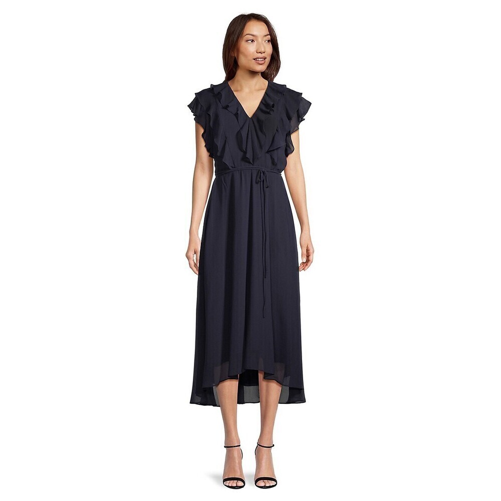 Gabby Skye women'sRuffled Flutter-Sleeve Chiffon Midi Dress size 12 in navy $165
